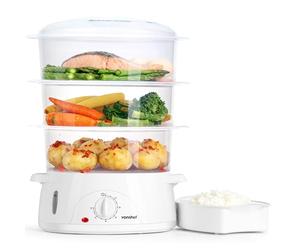 VonShef Food Steamer Electric 800W - 9L Capacity, 3 Stackable Tiers, BPA-Free, 60-Minute Timer, Boil-Dry Protection, Dishwasher Safe Parts & Rice Bowl Included, for Healthy Steam Cooking - White