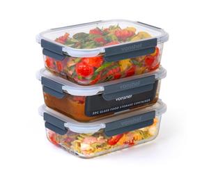 Vonshef, Glass Containers With Lids, Airtight 3 Piece Meal Prep Food Lunch Boxes 1.5L Capacities, Oven And Dishwasher Safe