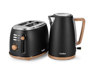 VonShef Kettle and Toaster Set - Scandi 1.7L Rapid Boil Kettle 3000W & 2 Slice Wide Slot Toaster 850W with 6 Browning Controls, Matching Kitchen Set - Nordic Cream and Wood Accents - Fika Range