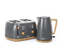 VonShef Kettle and Toaster Set - Scandi 1.7L Rapid Boil Kettle 3000W & 4 Slice Wide Slot Toaster 1500W with 6 Browning Controls & High Lift - Nordic Grey and Wood Accents - Fika Range