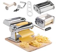 VonShef Manual Pasta Machine, Professional Stainless Steel Pasta Maker with Three Adjustable Crank Rollers & Nine Thickness Settings, Includes Secure Clamp, Pasta Cutter & Spaghetti Measurer