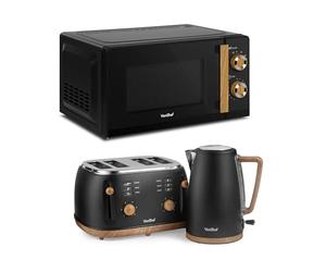 VonShef Microwave Kettle Toaster Set - Scandi Kitchen Set, 1.7L Nordic Rapid Boil Kettle, Wide Slot Toaster 4 Slice with 6 Browning Controls, and 20L Microwave with 6 Power Levels - Fika Range, Black