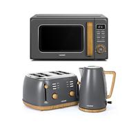 VonShef Microwave Kettle Toaster Set - Scandi Kitchen Set, 1.7L Rapid Boil Kettle, Wide Slot Toaster 4 Slice, and 23L Digital Microwave with 11 Power Levels & 10 Reheat Settings - Fika Range, Grey