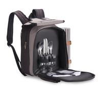 VonShef Picnic Backpack, 2 Person Grey Picnic Bag with Full Dining & Cutlery Set, Insulated Cooler Compartment & Large Waterproof Picnic Blanket, Lightweight Water Resistant Camping Accessories