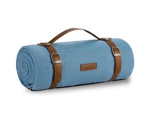 VonShef Picnic Blanket, Blue Herringbone,147x180cm | Outdoor Rug, Waterproof Backing, 6 Person Weatherproof, Faux Leather Handle, Water Resistant Camping Accessories