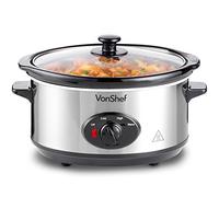 VonShef Slow Cooker 3.5L with Easy Clean Removable Oven to Table Dish, Glass Lid & 3 Heat Settings- High/Low Power Mode & Keep Warm Function- For Soups, Stews, Casseroles & Curries- Stainless Steel
