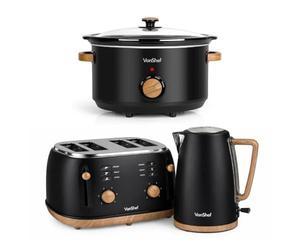 VonShef Slow Cooker, Kettle and Toaster Set - Scandi Kitchen Set, 1.7L Nordic Rapid Boil Kettle, Wide Slot Toaster 4 Slice with 6 Browning Controls, 3.5L Slow Cooker with Glass Lid - Fika Range, Black