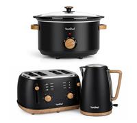 VonShef Slow Cooker, Kettle and Toaster Set - Scandi Kitchen Set, 1.7L Rapid Boil Kettle, Wide Slot Toaster 4 Slice with 6 Browning Controls, Slow Cooker with Glass Lid - Fika Range, Black (6.5L)