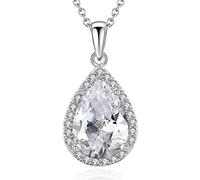 VONSSY Classic Oval Pendant Gemstone Necklace | Crystal Ruby Waterdrop Birthstone Teardrop Emerald Sapphire Necklace | 18K Platinum Plated Chain (Dia White)