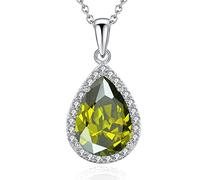 VONSSY Classic Oval Pendant Gemstone Necklace | Crystal Ruby Waterdrop Birthstone Teardrop Emerald Sapphire Necklace | 18K Platinum Plated Chain (Olive Green)