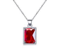 VONSSY Rectangle Gemstone Pendant Necklace | Ruby Crystal & Created-Emerald Birthstone Necklace | 18" with 2" Extender 18K Platinum Gold Plated Chain