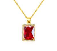 VONSSY Rectangle Gemstone Pendant Necklace | Ruby Crystal & Created-Emerald Birthstone Necklace | 18" with 2" Extender 18K Platinum Gold Plated Chain