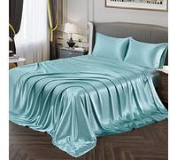 Vonty King Size Silky Soft Satin Bed Sheets: Aqua Set, Deep Pocket Fitted Sheet + Flat Sheet + 2 Pillowcases