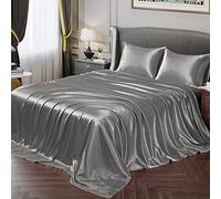 Vonty Satin Bed Sheets for Double Bed - Misty Gray Satin Sheet Set, 1 Deep Pocket Fitted + 1 Flat Sheet + 2 Pillowcases