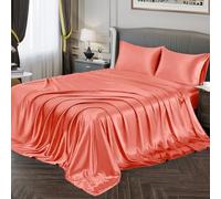 Vonty Satin Bed Sheets - King Size, Silky Soft Satin Sheet Set Coral, 1 Deep Pocket Fitted + 1 Flat + 2 Pillowcases