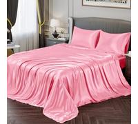 Vonty Satin Bed Sheets Set - Bright Pink Satin, Full Size Double, Silky Soft - 1 Deep Pocket Fitted, 1 Flat, 2 Pillowcases