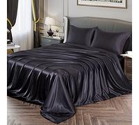 Vonty Satin Queen Size Sheet Set, Silky Soft Black Satin Bed Sheets, 1 Deep Pocket Fitted Sheet, Flat Sheet, 2 Pillowcases