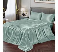 Vonty Satin Sheets - Full Double Bed Size, Mint Green Satin Sheet Set, 1 Deep Pocket Fitted Sheet + 1 Flat Sheet + 2 Pillowcases