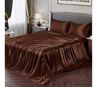 Vonty Satin Sheets Full Silky Soft Satin Bed Sheets Brown Sheet Set, 1 Deep Pocket Fitted Sheet + 1 Flat Sheet + 2 Pillowcases