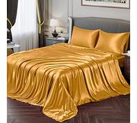 Vonty Satin Sheets Full Silky Soft Satin Bed Sheets Yellow Gold Sheet Set, 1 Deep Pocket Fitted Sheet + 1 Flat Sheet + 2 Pillowcases