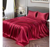 Vonty Satin Sheets Full Size Silky Soft Satin Bed Sheets Burgundy Sheet Set, 1 Deep Pocket Fitted Sheet + 1 Flat Sheet + 2 Pillowcases