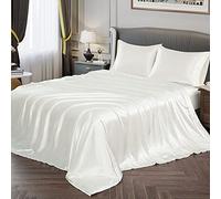 Vonty Satin Sheets Full Size Silky Soft Satin Bed Sheets Ivory White Satin Sheet Set, 1 Deep Pocket Fitted Sheet + 1 Flat Sheet + 2 Pillowcases