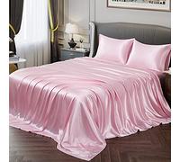 Vonty Satin Sheets - Full Size Soft Pink Satin Sheet Set, 1 Deep Pocket Fitted + 1 Flat + 2 Pillowcases