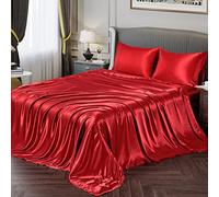 Vonty Satin Sheets King Silky Soft Satin Bed Sheets Red Sheet Set, 1 Deep Pocket Fitted Sheet + 1 Flat Sheet + 2 Pillowcases