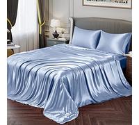 Vonty Satin Sheets - Twin Silky Soft Satin Bed Sheet Set, Deep Pocket Fitted Sheet + Flat Sheet + 2 Pillowcases, Baby Blue