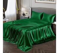 Vonty Satin Single Twin Bed Sheet Set - Silky Soft Green With Deep Pocket Fitted Sheet, Flat Sheet, and Pillowcase