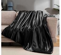 Vonty Satin Throw Blanket - Black Satin, 90x90 Inches, Cooling & Silky, Wrinkle-Free, Cable Knit, Big Size for Couch, Sofa, Bed, Outdoor