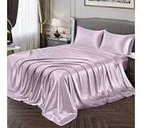 Vonty Silky Soft Satin Bed Sheets, Luxury Lavender Satin Sheet Set Queen Size, 1 Deep Pocket Fitted + 1 Flat + 2 Pillowcases