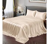 Vonty Silky Soft Satin Duvet Cover Set with 1 Deep Pocket Fitted Sheet + 1 Flat Sheet + 2 Pillow Cases, Beige, King Size