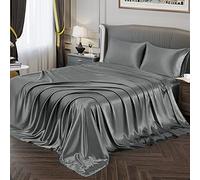 Vonty Twin XL Satin Sheet Set, Single Bed - Silky Soft Grey Satin Sheet - 1 Deep Pocket Fitted + 1 Flat + 2 Pillowcases