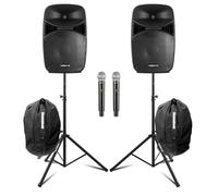 Vonyx 15" Active PA DJ Speaker System with Bluetooth, Wireless Microphones, Stands & Heavy-Duty Carry Bags, LED Lighting, 1000W Party Kit for Beginner DJs & Events