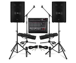 Vonyx 15" Complete PA System Package - 2x Passive DJ PA Speakers, 8-Channel Powered Mixer, 2 Microphone Sets, 2 Speaker Stands, 2x 6m Cables for Live Bands, Singing, Events, Church Use