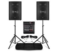 Vonyx 15" PA System Package - 2x Passive Speakers, 5-Channel Mixer Amp with Bluetooth, 2 Speaker Stands, Cables - Complete PA Set for Bands, Singers, Events, Church Audio, Mobile DJ, Live Sound