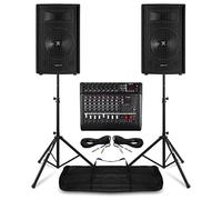 Vonyx 15" PA System Package with Mixer Amp, 2x800W Passive Speakers, Bluetooth DSP, Tripod Stands, Cables - Live Band, Church, Singer Ready Audio System