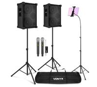 VONYX 2x VSB210 Portable Karaoke Speakers with Wireless Mics & Stands | 1200W max, dual 10in woofers, UHF 10 channels, up to 50m range, tablet stand included