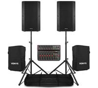 Vonyx Active PA System with Mixer, 2x 15 Inch 1000W Speakers, Tripod Stands, Covers & XLR Cables - Complete Band & Vocalist Live Sound Package