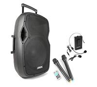 Vonyx AP1500PA Portable PA System 800W Battery Powered 15" Bluetooth Speaker with Wireless Handheld Mics, Bodypack Headset Mic & MP3 USB SD Player