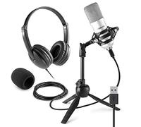 VONYX CM300S USB Condenser Microphone and VH100 Studio Headphones Set - Professional Podcast, Gaming, Streaming & Home Studio Recording Kit, Shock Mount, Tripod Stand, Plug & Play, Silver