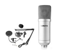 VONYX CMS300S USB Condenser Microphone Kit Podcast Streaming Studio Mic Set with Adjustable Arm Stand, Shock Mount & Pop Filter, Silver