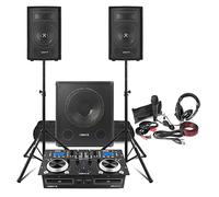 VONYX Complete DJ Setup with 8-Inch Passive Speakers, 15-Inch Active Subwoofer, Dual CD Mixer with Amplifier, Tripod Stands, DJ Mic, Headphones & Cables