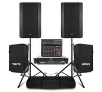 VONYX Complete Passive PA System, 2x VSA15P Speakers, Amp, Mixer, Stands | 15", 8-channel mixer, Bluetooth, DSP effects, NL2 cables, speaker covers