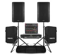 Vonyx Complete Passive PA System with 2x 12" PA Speakers, 2000W Amplifier, 8-Channel Mixer, Stands, Cables & Protective Covers - Live Music & Events Set