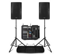 Vonyx Complete Passive PA System with 6-Channel 1200W Powered Mixer, Two 10-Inch Speakers, Speaker Stands, Wireless Microphones & Cables for Live Bands, DJs, Events & Presentations