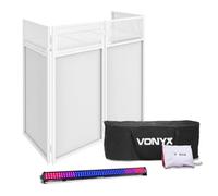 Vonyx DB4W White Foldable DJ Booth Stand with BeamZ LCB144 Light Bar, Portable DJ booth with white lycra panels, Mobile DJ Stand and DJ table for weddings, hotels and events