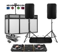 Vonyx DJ Package with 2 DT3000 Belt Drive Turntables, 4 Channel Rotary Mixer, 15 Inch Active Speakers, DJ Booth, Light Bar, Fazer, Stands and Cables