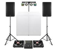 Vonyx DJ Package with DT3000 Belt Drive Turntables, 4 Channel DJ mixer, Foldable DJ Booth, 2 Active 15 Inch PA Speakers, Stands, Lights and Cables for Mobile DJ Setup and Vinyl Shows